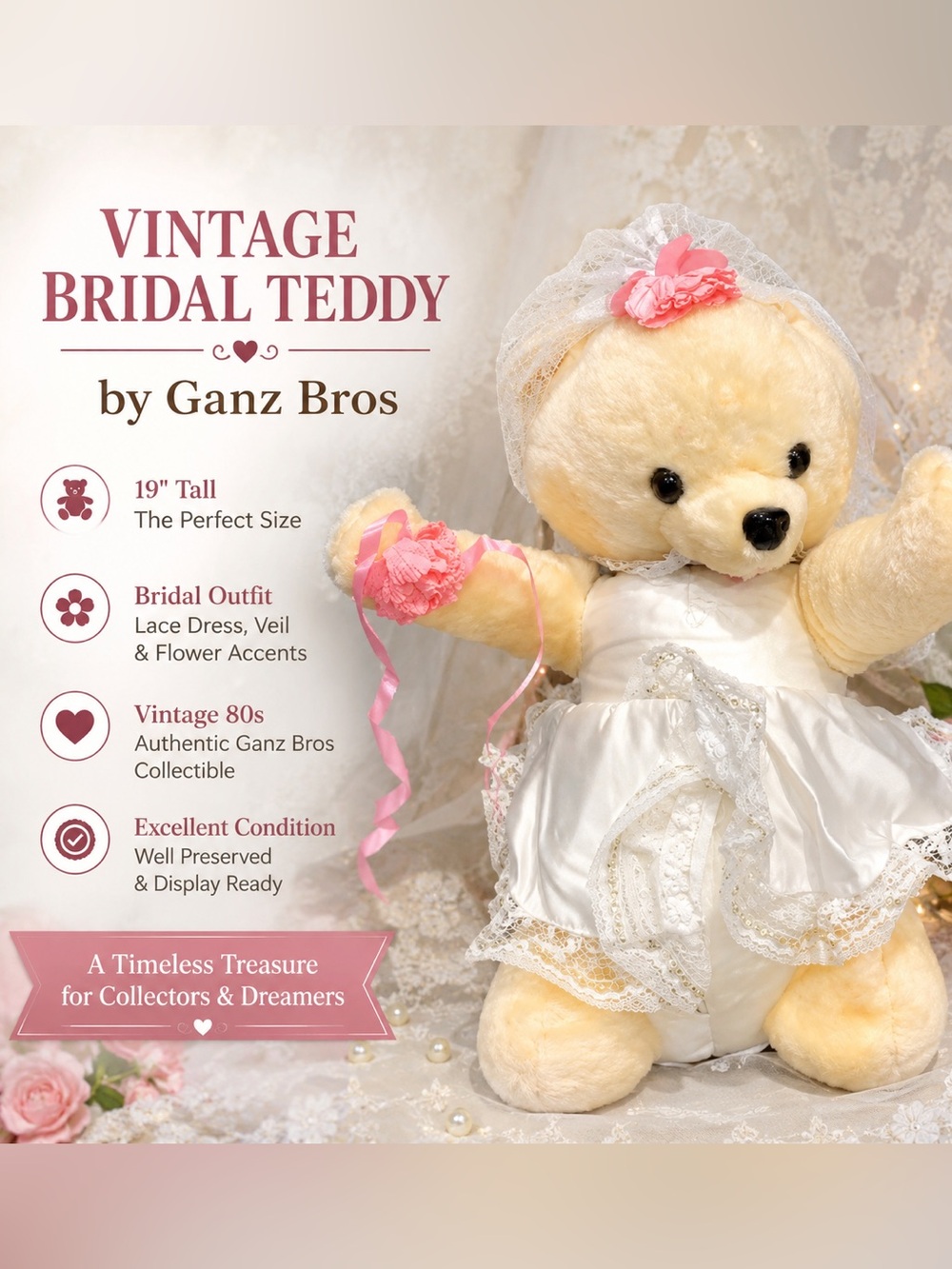 Vintage Ganz Bros Bridal Teddy Bear 19" Plush Lace Dress Veil Flower Girl 80s